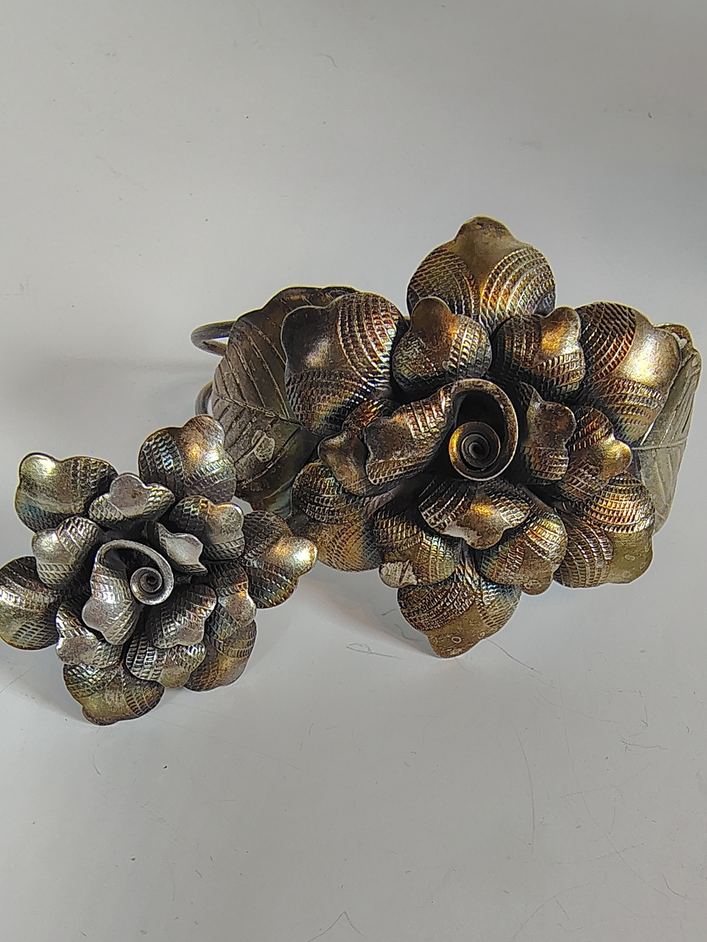 Vintage Thai Sterling Silver Floral Cuff Bracelet & Ring Set 925 Patina 42.18g